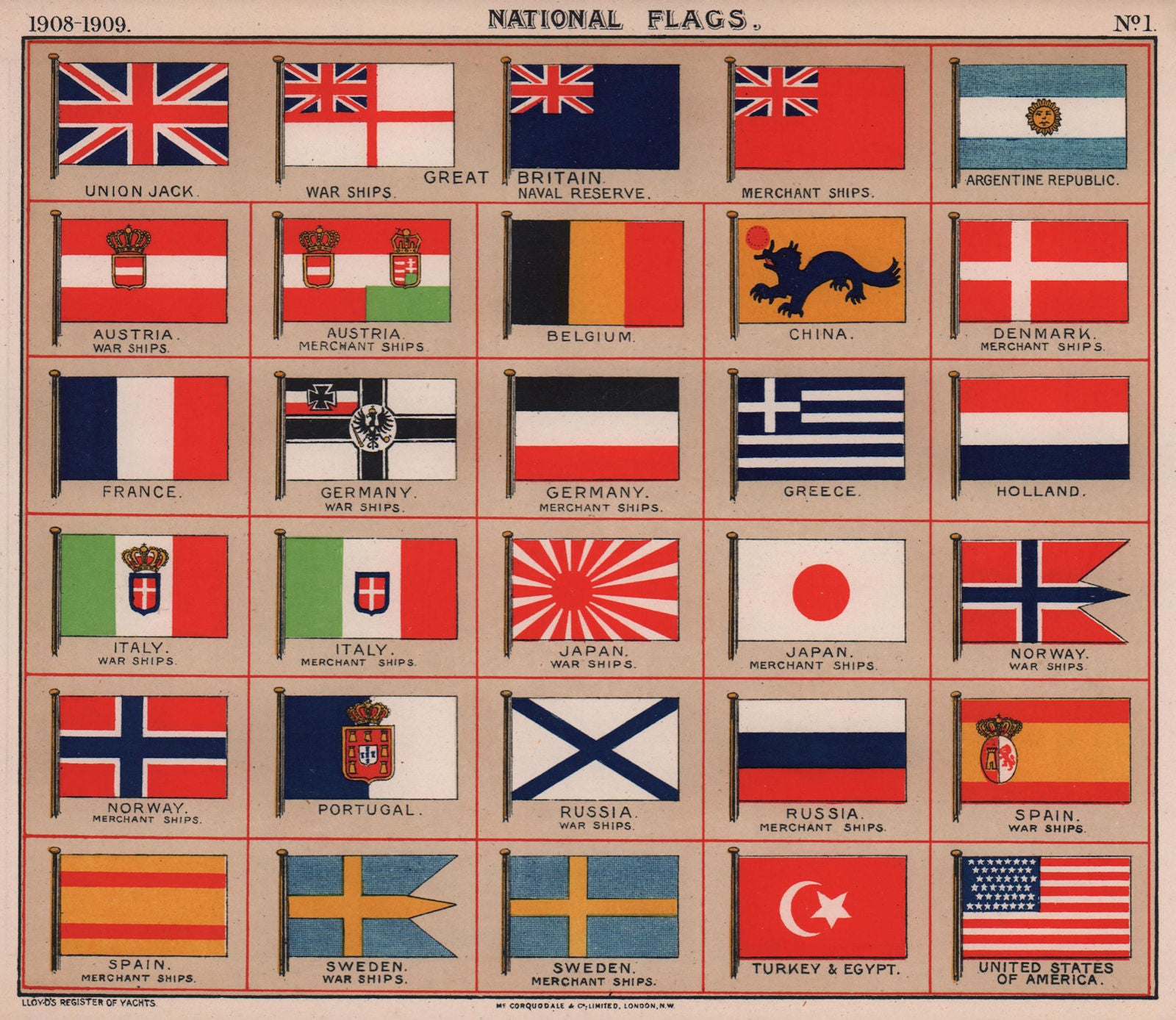 NATIONAL MARITIME FLAGS Warships Merchant Ships Europe China Japan Russia 1908